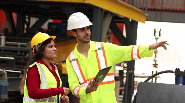 Supervisor foreman with helmet and safety clothes hold tablet, discuss machine maintenance information with female worker at manufacturing factory. Engineering team working together at industrial site