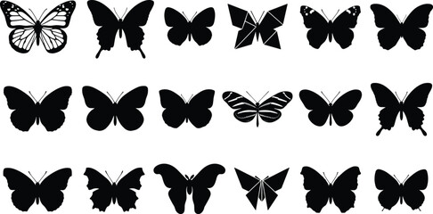 Beautiful flying butterfly black silhouette glyph icon collection set for nature wildlife decoration tattoo beauty salon logo vector © nice
