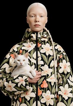 Eye-catching studio photo of albino girl with long braid holding white cat, wearing floral parka with white lilies and orchids pattern on dark background, in a vivid high‑contrast composition 