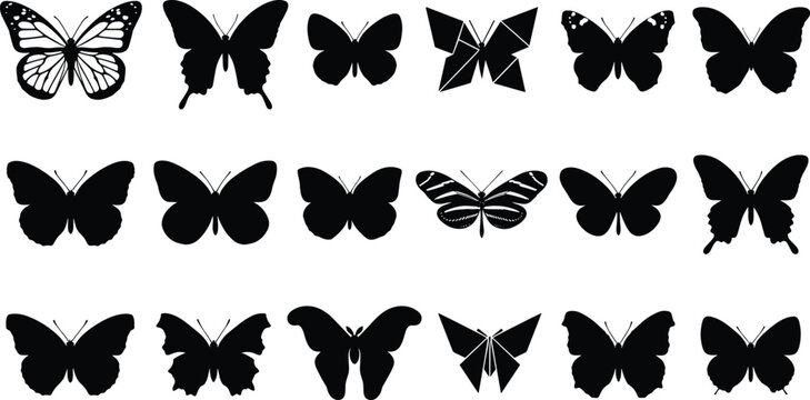 Beautiful flying butterfly black silhouette glyph icon collection set for nature wildlife decoration tattoo beauty salon logo vector