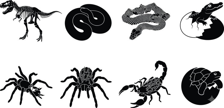 Set of black silhouettes featuring prehistoric dinosaurs, venomous reptiles, spiders, and scorpions on white background