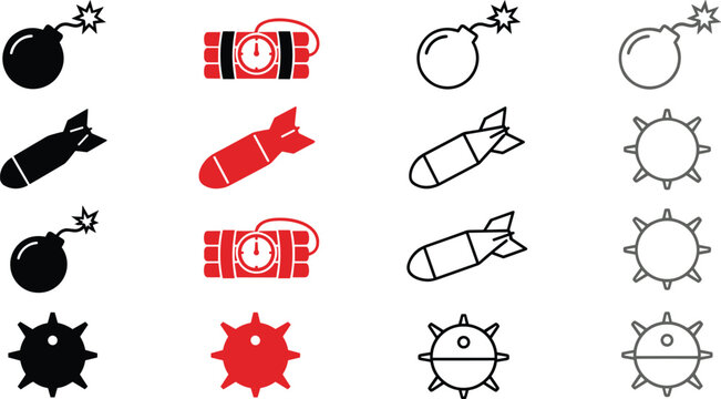 Military explosive bomb dynamite and naval mine line and glyph icon set for video gaming interface weapons design vector