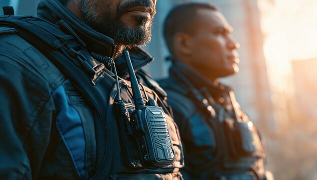 Police officers standing in formation with radios and gear