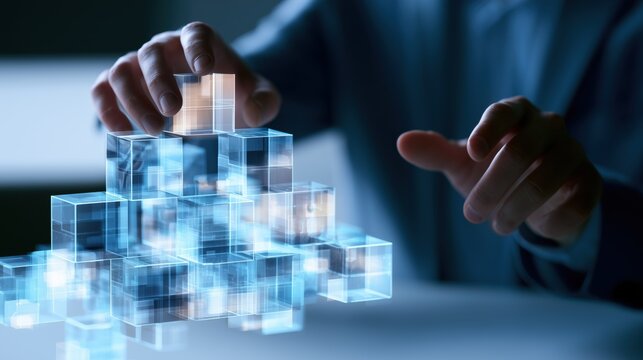 Business Hands Building Transparent Digital Cube Blocks for Modular Enterprise Architecture and AI Technology Concept