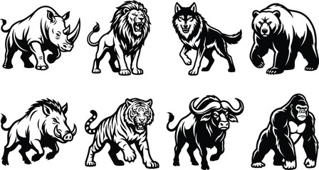 Set of black and white wild animal silhouettes including rhino lion wolf bear boar tiger buffalo and gorilla © MD
