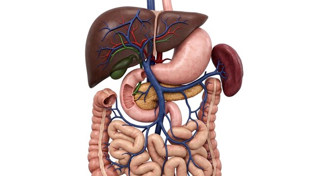 Human Abdominal Organs and Digestive System Anatomy with Portal Veins 3D Illustration