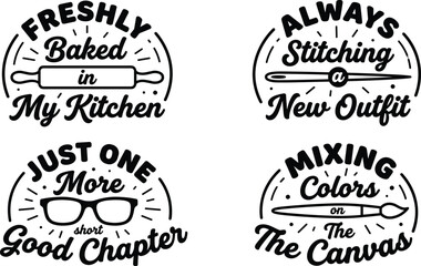 Obraz premium Set of four hobby-themed circular badges with black line including a rolling pin, sewing needle, glasses, and paintbrush on white