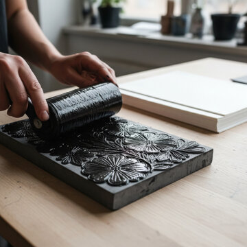 Printmaker brayer roller applying black sticky ink onto hand carved floral linoleum block on wood table.