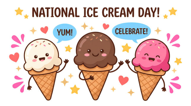 Cute pixel art style ice cream cones with happy faces celebrating national ice cream day with stars and hearts