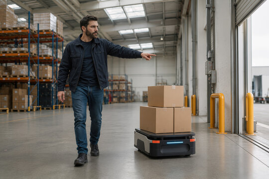 Employ&eacute; guidant un chariot autonome en entrep&ocirc;t