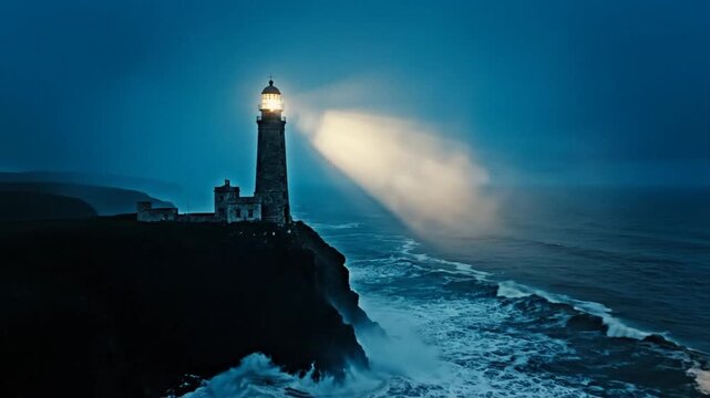 Dramatic lighthouse beacon shining out over the ocean waves at dusk during a stormy night with dramatic lighting