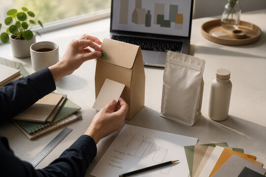 Designer comparant un concept IA &agrave; des emballages
