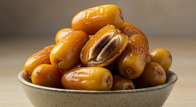 A bowl filled with fresh golden organic date fruits presented in a rustic ceramic container with one cut open to reveal the natural seed inside