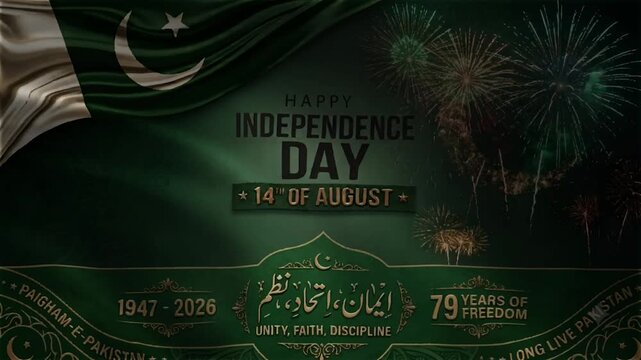 Pakistan Independence Day Animated Video 79 Years of Freedom 1947 to 2026 Celebration, Waving Pakistani Flag with Festive Fireworks, Unity Faith Discipline Urdu Calligraphy, 14th August Loop