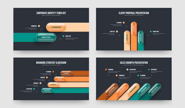 Business Development 2 3 4 5 Element Infographic Slideshow Design Set. Investor Showcase Two Three Four Five Option Diagram Slide Layout Vector Illustration Collection.