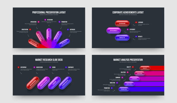 Modern Growth 5 3 4 Option Infographic Frame Design Bundle. Product Overview Five Three Four Element Diagram Presentation Layout Vector Illustration Set.