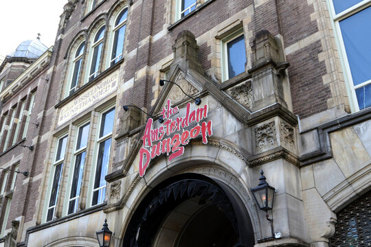 Entrance of The Amsterdam Dungeon Historic Attraction in Amsterdam, Netherlands