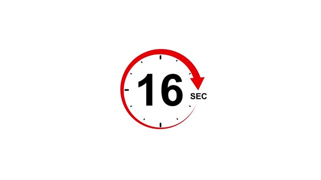 Red circular timer icon with number 16 and seconds abbreviation on white background 16 seconds clock