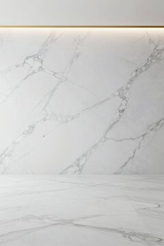 Minimalist Luxury Interior with White Marble Wall Floor and Golden LED Light Strip Background