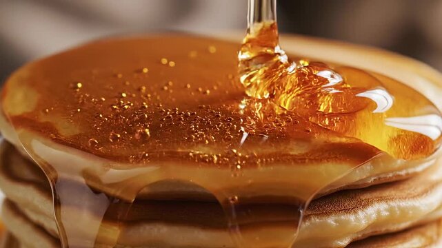 Close-up of golden syrup being poured over a stack of fluffy pancakes, creating a delicious breakfast scene.