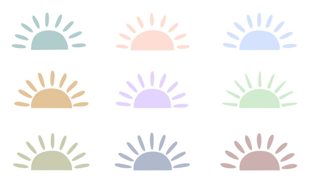 Children colorful set vector half sun. Hand drawn sunset and sunrise in pastel colors isolated on white background. Weather element, Summer heat icons in doodle style. Vector illustration