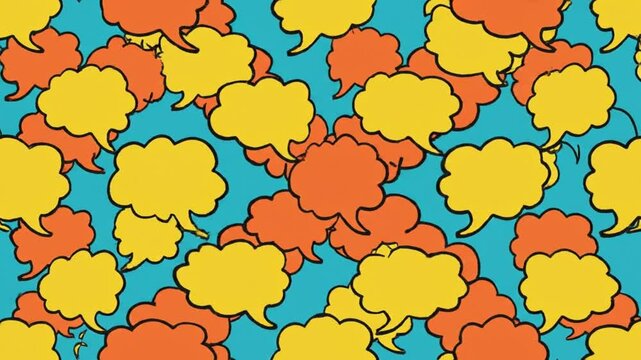 Fun cartoon style illustration of scattered orange and yellow speech bubbles on a vibrant blue background