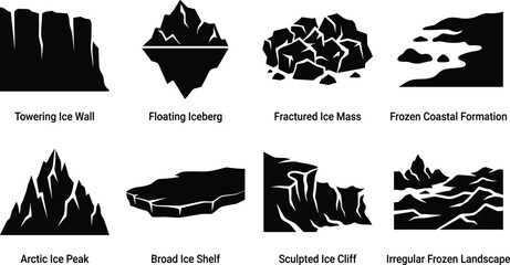 Set of black and white ice and arctic landscape silhouettes for environmental and climate design, image_099636.png. © MDMORSALIN