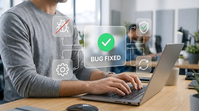 Software developer fixing bug with digital interface, bug fixed concept