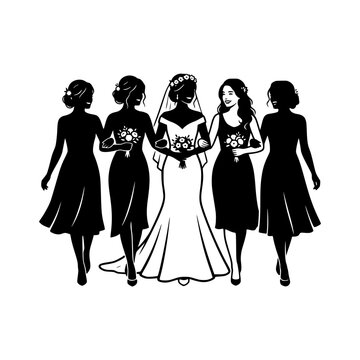 Five women holding floral bouquets bride squad silhouette illustration