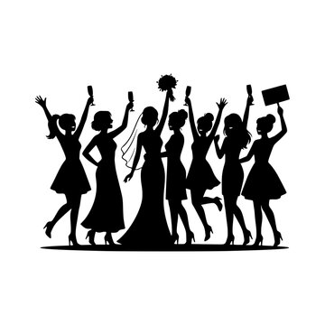 Celebrating women raising champagne glasses bride squad silhouette illustration
