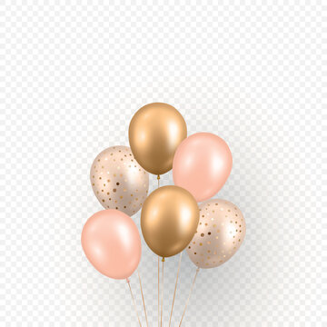 Vector 3d Balloon Bouquet. Gold and Pink Party Balloons Isolated. Elegant Birthday Balloons with Confetti Balloons for Celebration, Wedding, Baby Shower and Holiday Design