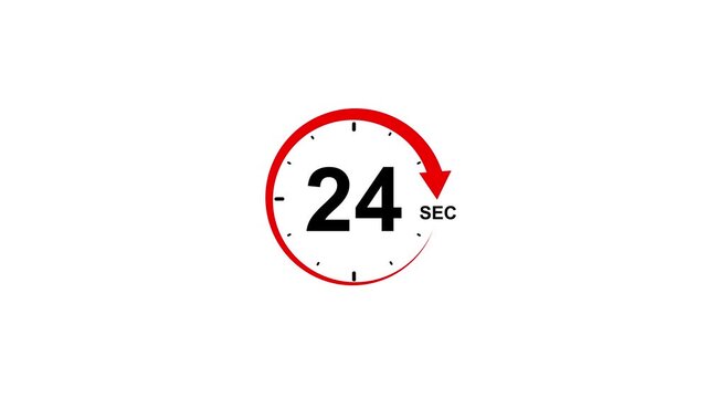 Red circular timer icon with number 24 and seconds abbreviation on white background 24 seconds clock