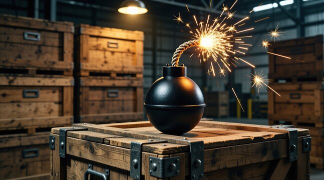 Black round bomb sits on top of wooden crate inside storage warehouse. Lit fuse burns with bright sparks fly everywhere. Old vintage explosive device waits for detonation on dark industrial