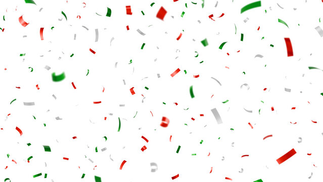 Christmas confetti falling isolated on transparent background, green red and silver paper ribbons for holiday celebration.