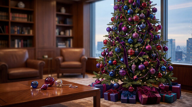 Christmas Tree Decorated with Jewel Tone Ornaments in Modern Living Room