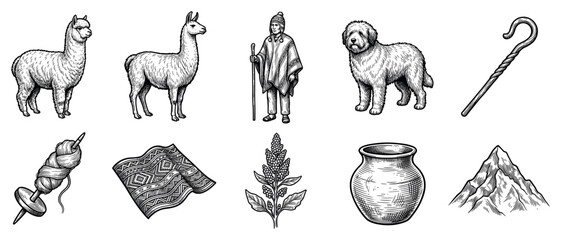 Naklejka premium South American culture icons set. Andean traditions and lifestyle concept. Includes alpaca, llama, shepherd, sheepdog, staff, spindle, blanket, quinoa, pot, mountain. Engraved style