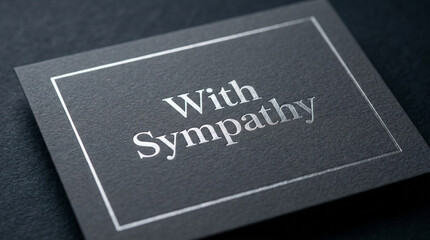 Fototapeta premium Elegant sympathy card with silver foil text, black textured funeral stationery, condolence message on luxury paper, mourning and bereavement card