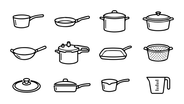 Kitchenware Icons Set, Cooking Utensils Collection, Food Preparation Tools, Vector Graphics for Culinary Design