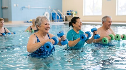 Fototapeta premium Happy senior group doing aqua aerobics with foam dumbbells in swimming pool, active elderly lifestyle and fitness recreation. AI generated.
