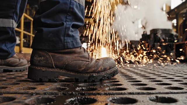 Industrial worker's protective boot on metal grating with sparks flying from nearby grinding operation, emphasizing workplace safety and heavy-duty footwear.