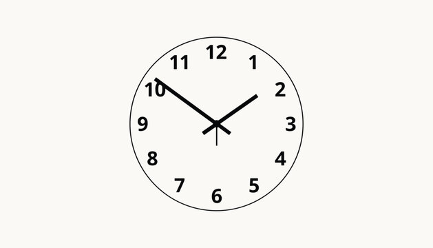 Simple wall clock illustration with black hands showing ten minutes to two on a clean white background.