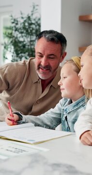 Dad, children or teaching with books in home for learning, lesson or tutoring together. Father, kids or siblings listening with parent, notebook or homework for education, assessment or help in house
