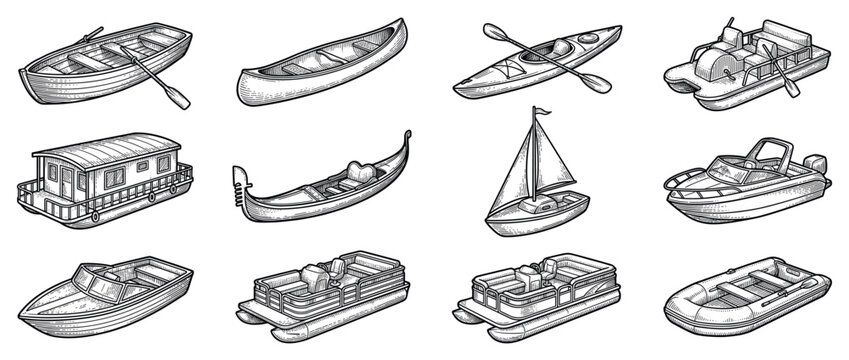Water transport icons set. Various boats and vessels concept. Includes rowboat, canoe, kayak, pedal boat, houseboat, gondola, sailboat, motorboat, speedboat, pontoon boat, inflatable boat