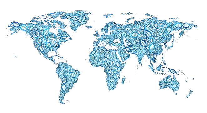 Conceptual World Map Illustration Made of DNA Double Helix Strands Representing Global Genetics and Biotechnology