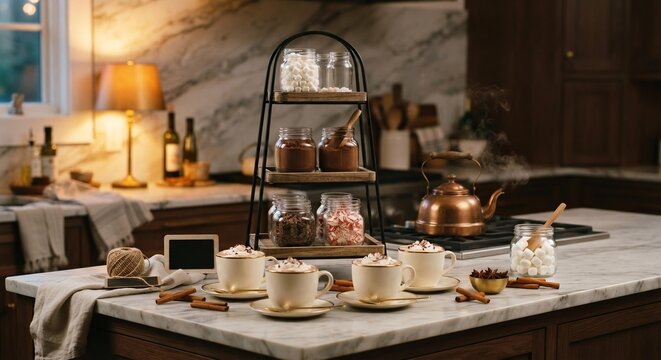 Gourmet Hot Chocolate Station on Kitchen Counter, Cozy Winter Home Decor and Lifestyle Concept