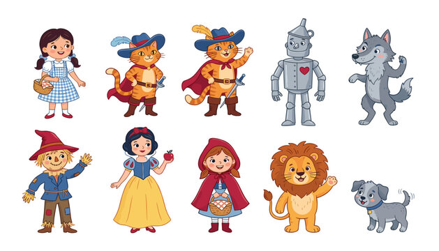 Fairytale and storybook cartoon characters set with Puss in Boots Wizard of Oz Snow White Red Riding Hood flat vector illustration