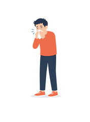 Sick young man sneezing or coughing into a tissue. Cold, flu, or seasonal allergy symptoms vector illustration