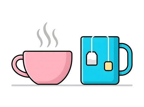 Pink ceramic tea cup and blue coffee mug with tea bags, beverage