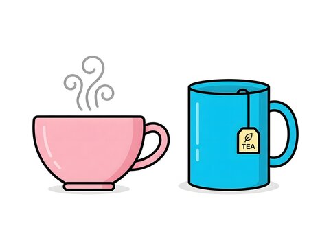 pink cup with steam and blue tea mug with tea bag beverage steaming