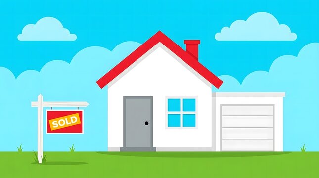 Residential house exterior with sold real estate sign in front